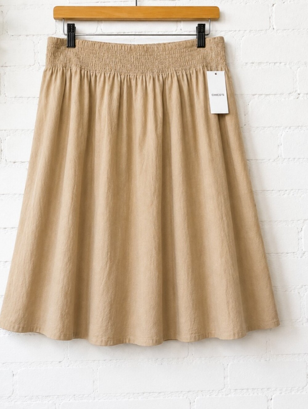 Chico’s NWT Size 4 XXL Tan Linen Blend Pull On Midi Skirt Smocked Waist
